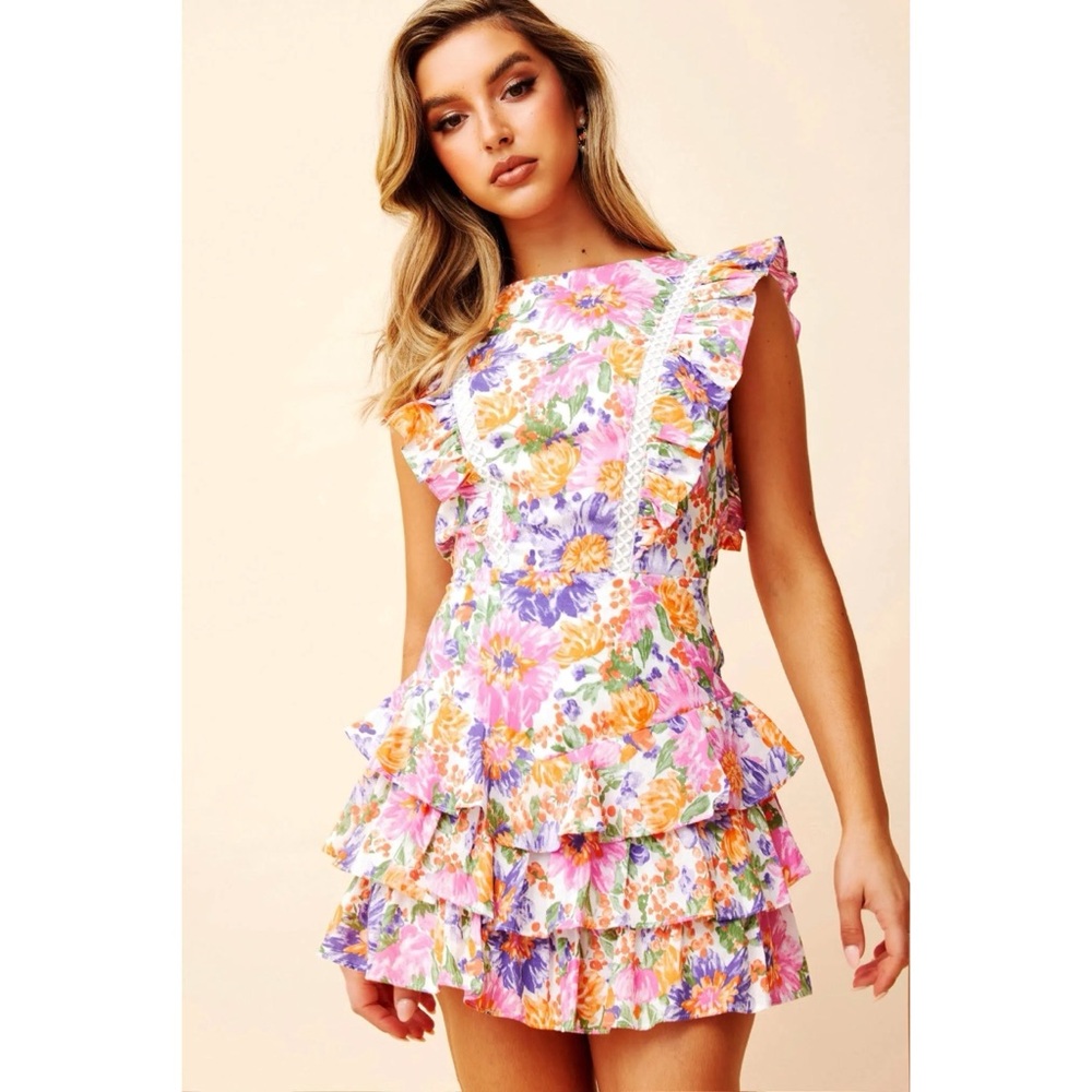 Hello Molly Floral Ruffle Mini Dress - Pink and Orange